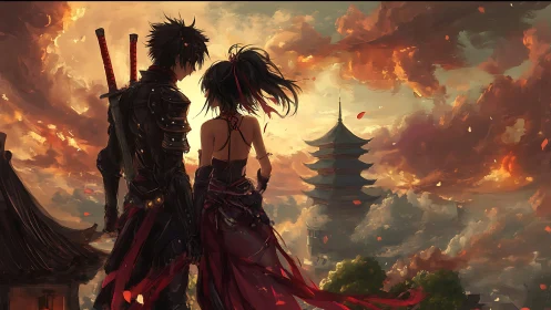 Samurai couple overlooking distant pagoda at fiery sunset