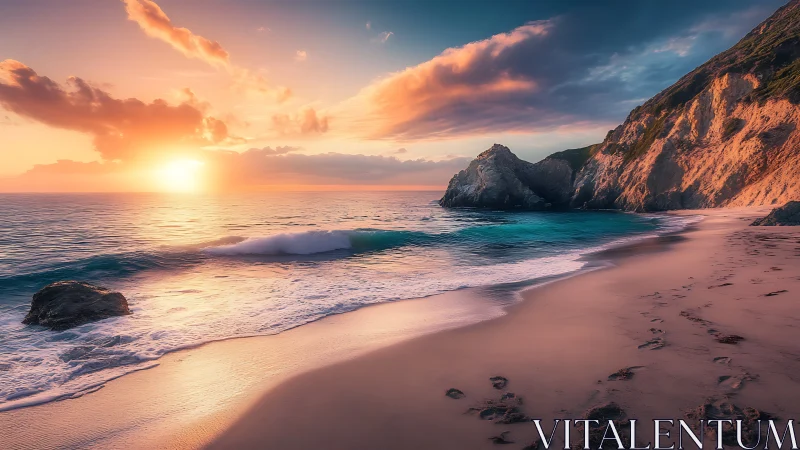 Sunset light washes rocky cove and smooth shoreline