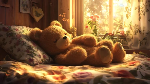 Sunlit plush teddy bear resting on floral bedspread.