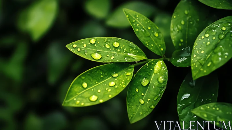 Lush green leaves with sparkling rain droplets close-up.