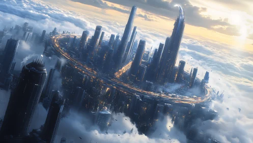 Futuristic ring highway encircling dense vertical skyline.