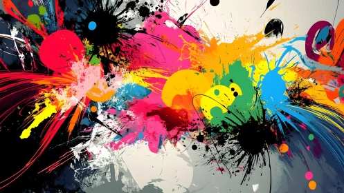 Vibrant abstract paint splatter artwork with dynamic colors.