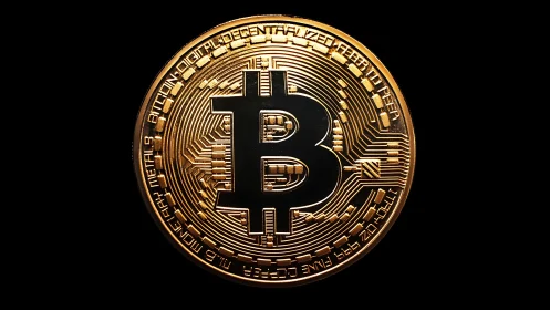 Photorealistic macro of gold bitcoin coin on black field.
