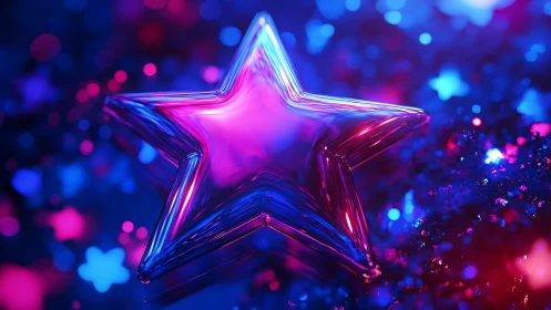 Luminous glass star glows over neon bokeh background