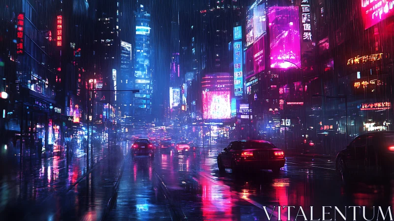 Neon drenched cyberpunk avenue with reflective wet asphalt surface