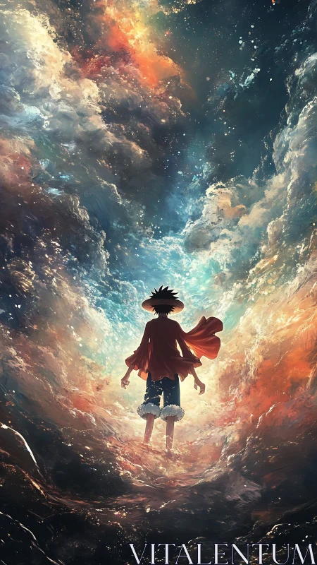 Silhouetted anime wanderer in luminous cosmic ocean vortex