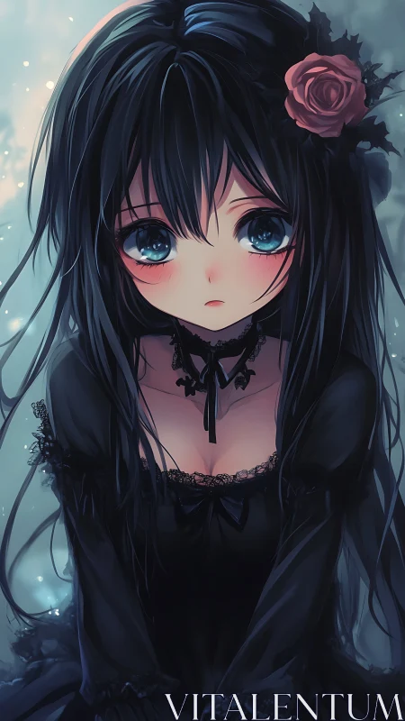 Gothic anime girl with rose and luminous blue eyes portrait