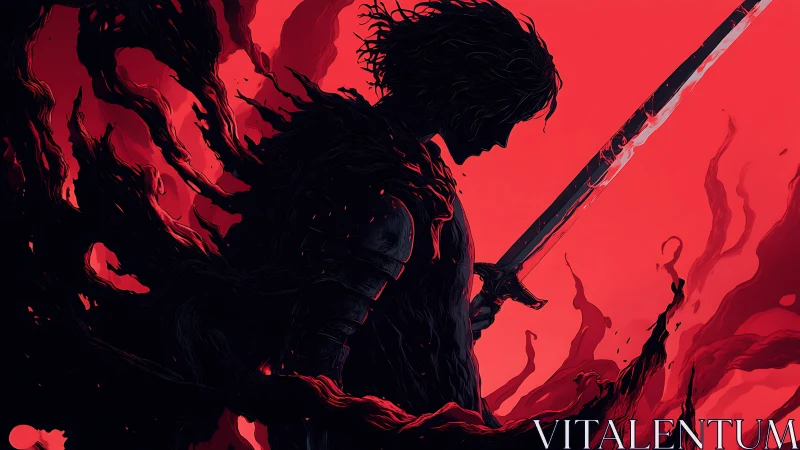 Shadowed warrior pausing in swirling crimson light and flame.