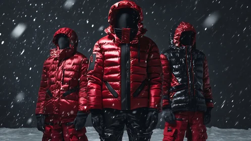 Three Mannequins Wearing Luminous Red Quilted Winter Jackets in Heavy Snowfall