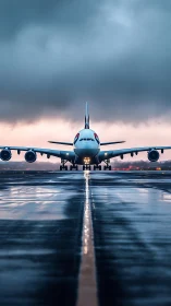 Widebody jetliner aligned on wet runway at dusk storm light.