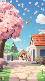 Procedural village springscape with stylized sakura dynamics.