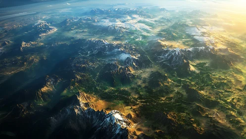 Sunlit mountain realms beneath a waking, curved horizon.