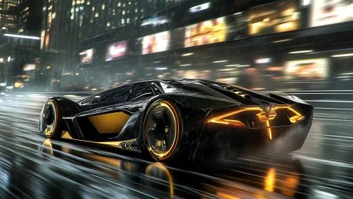 Midnight supercar blazes through a neon soaked rainy city