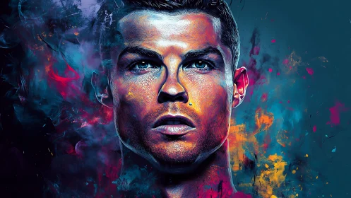 Vibrant digital portrait of intense male face with neon accents