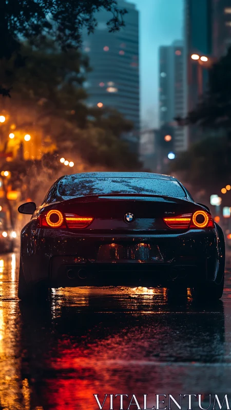 Cinematic rear-night cityscape with sports coupe reflections.