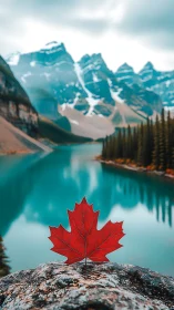 Red maple leaf crowns turquoise alpine lake panorama.