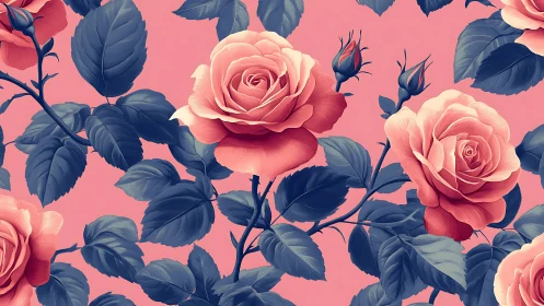Digital Botanical Composition: Layered Roses Against Vibrant Pink Ground