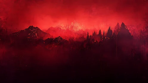 Crimson Wilderness: Fiery Mountain Landscape with Silhouetted Forest Horizon.