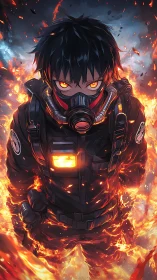 Masked anime soldier stands in flames with glowing eyes
