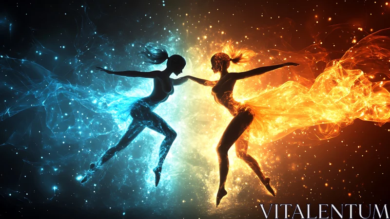 Silhouetted energy figures collide in balanced fire and ice