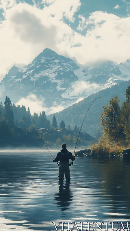 Angler in glacial valley lake under stratified alpine cloudfield.