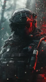 Armored tactical operator in red-lit high contrast portrait