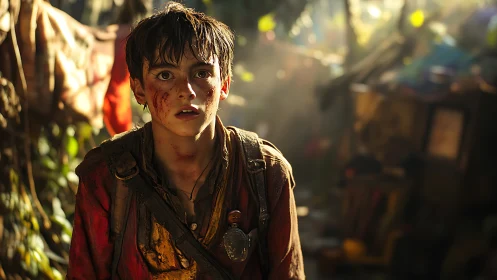 Young boy stands in sunlit, cluttered outdoor environment