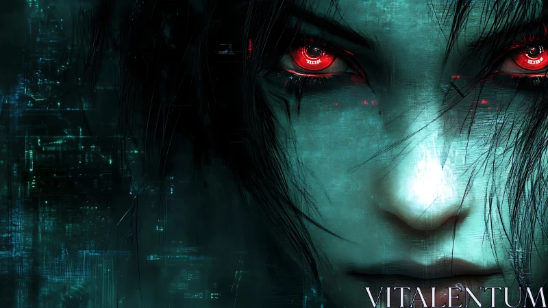 Cybernetic gaze with glowing red eyes in digital void.