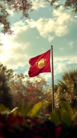 Scarlet campus banner leans into a sunlit tropical breeze