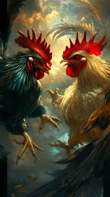 Two Roosters in Confrontation Against Golden Atmospheric Background