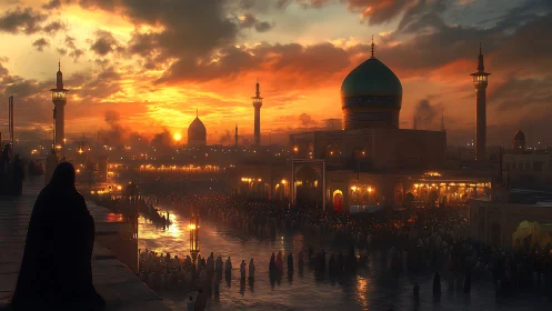 Sunset gathering at a glowing domed city shrine plaza.