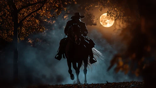 Moonlit rider moves through misty autumn forest in silence