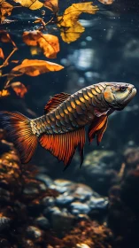 Golden arowana glides through deep blue aquatic foliage.
