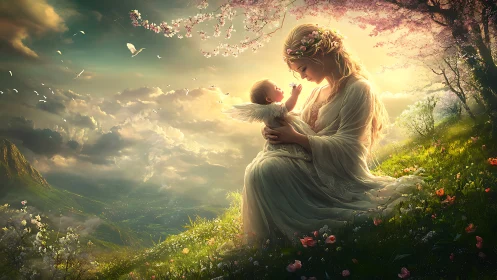 Ethereal mother cradles angelic child under golden sky.