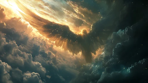Backlit seraphic figure with volumetric clouds and radiant wings