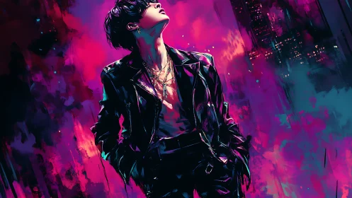 Neon city dreamer standing bold in swirling night color.