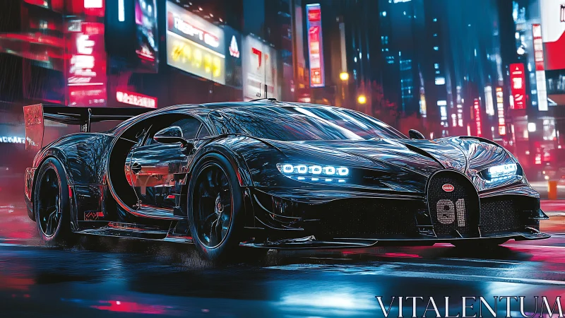 Hypercar races through neon-soaked cyberpunk cityscape at night