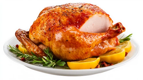 Roasted Whole Chicken with Herbs and Lemon Garnish.