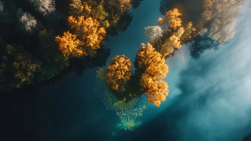 Autumn trees form a narrow peninsula surrounded by teal water