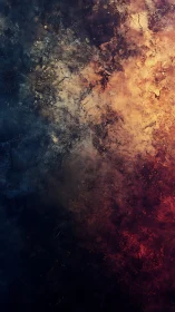 Cosmic dust texture merges deep blue, gold and crimson fields