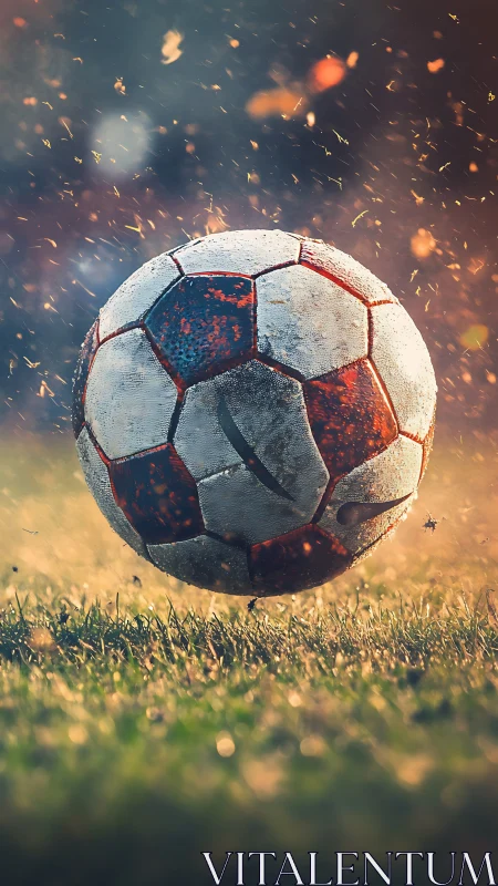 Weathered soccer ball soaring through golden evening light.