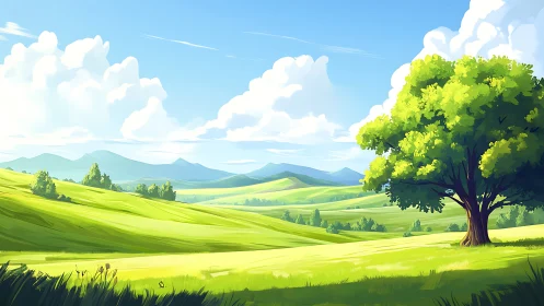 Sunlit rolling hills with stylized shading and dynamic clouds