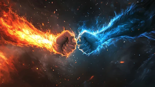 Fire and ice energy fists colliding in dark abstract space.