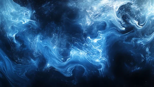 Turbulent blue nebula flows rendered as dynamic fluid vortices