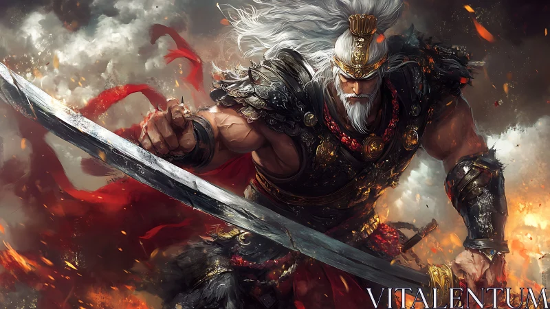 Scarred warlord lunging through embers with colossal blade.