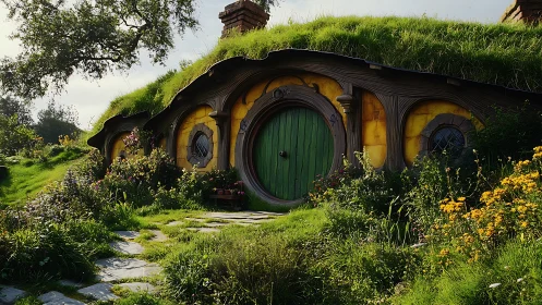 Sunlit hobbit door nestled in wildflower-swirled hillside garden.