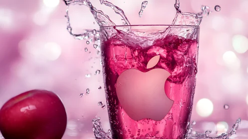 High-speed splash capture of pink apple liquid in branded glass