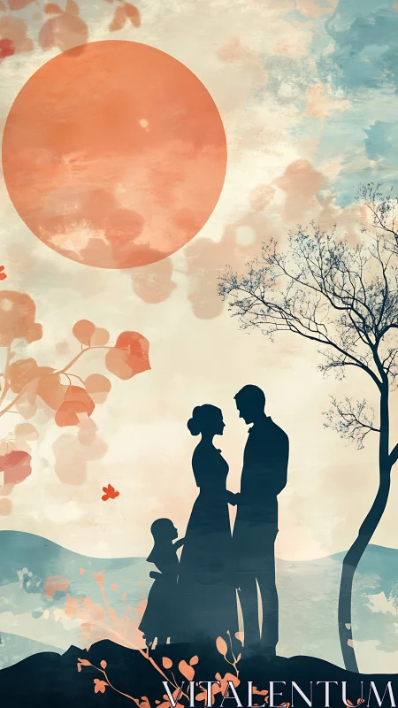 Sunlit silhouettes: family stitched in watercolor dusk glow.