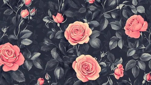 Coral Roses on Dark Foliage: Botanical Study in Tonal Contrast.