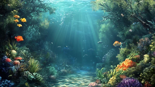 Underwater coral reef scene shows fish, plants and light rays
